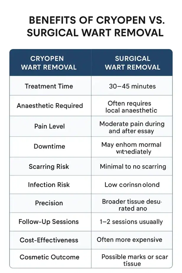 Table showing the benefits of cryopen to remove warts Uttoxeter compared to surgical treatment